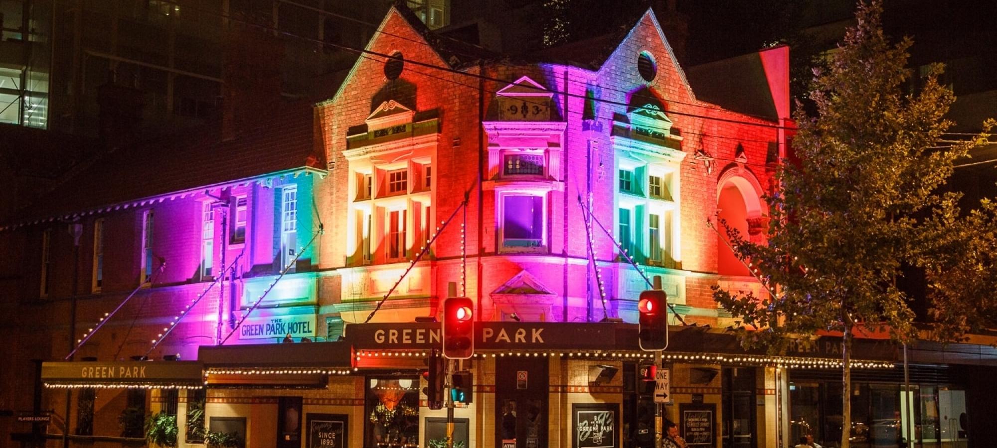 Green Park Hotel with rainbow lighting