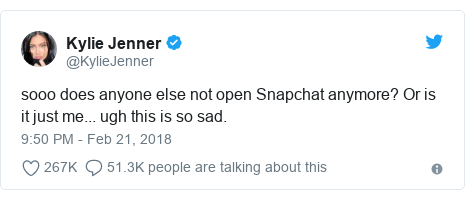 Tweet by Kylie Jenner: "So does anyone else not open Snapchat any more? Or is it just me. Ugh, this is so sad." 